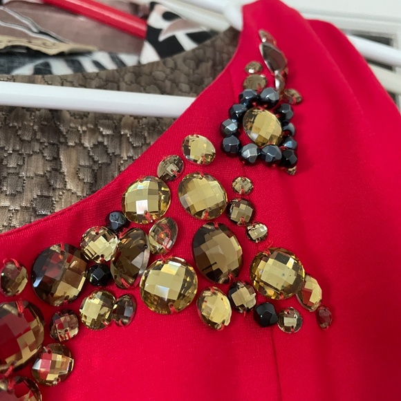 Adrianna Papell Red Pleated Mini Dress Jeweled Neck Tulle Lining Formal Sz 14 - Picture 15 of 15